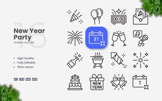 16 New Year party Outline Icon Set