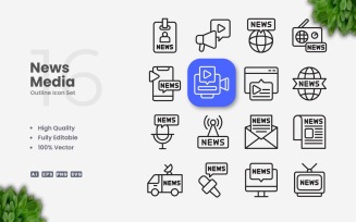 16 News Media Outline Icon Set