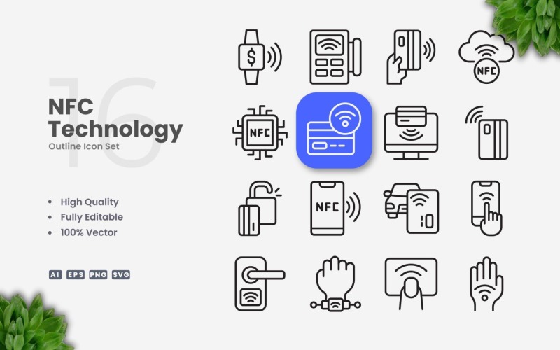 16 NFC Technology Outline Icon Set