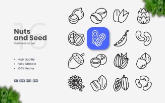 16 Nuts and Seed Outline Icon Set
