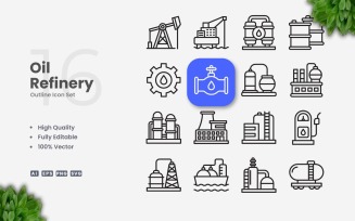 16 Oil Refinery Outline Icon Set