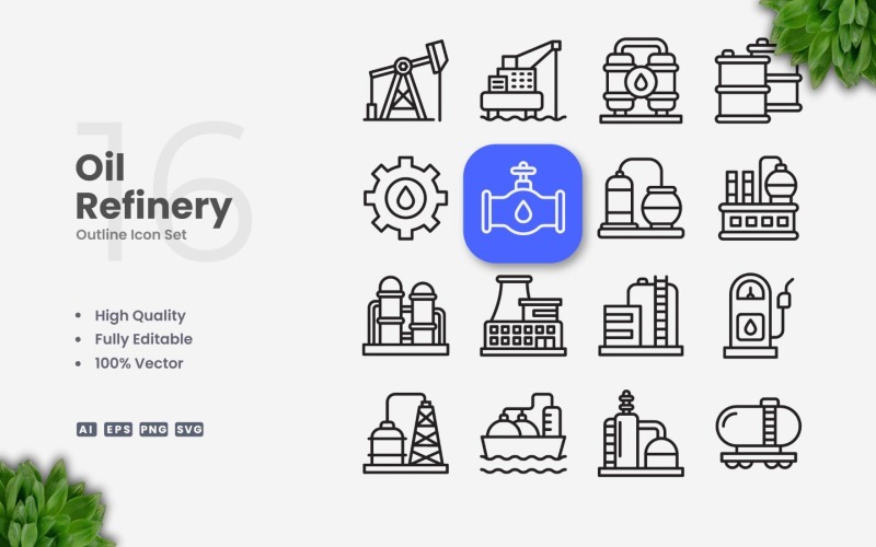 16 Oil Refinery Outline Icon Set
