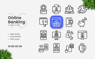 16 Online Banking Outline Icon Set