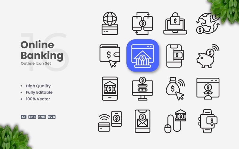 16 Online Banking Outline Icon Set
