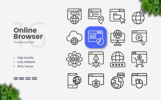 16 Online Browser Outline Icon Set