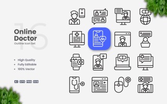 16 Online Doctor Outline Icon Set