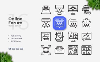 16 Online Forum Outline Icon Set