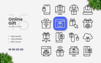 16 Online Gift Outline Icon Set