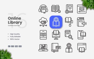 16 Online Library Outline Icon Set