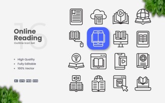 16 Online Reading Outline Icon Set