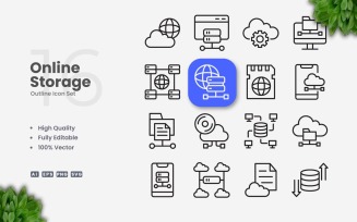16 Online Storage Outline Icon Set