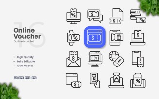 16 Online Voucher Outline Icon Set