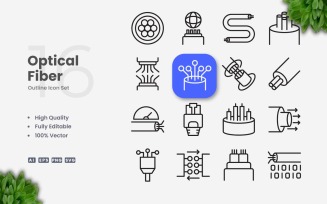 16 Optical Fiber Outline Icon Set