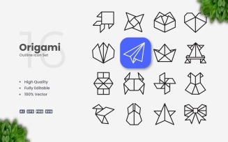 16 Origami Outline Icon Set