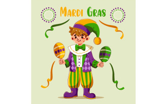 Mardi Gras with Colorful Jester Character Juggling Props Illustration