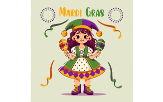 Mardi Gras with Colorful Jester Girl with Masks Illustration