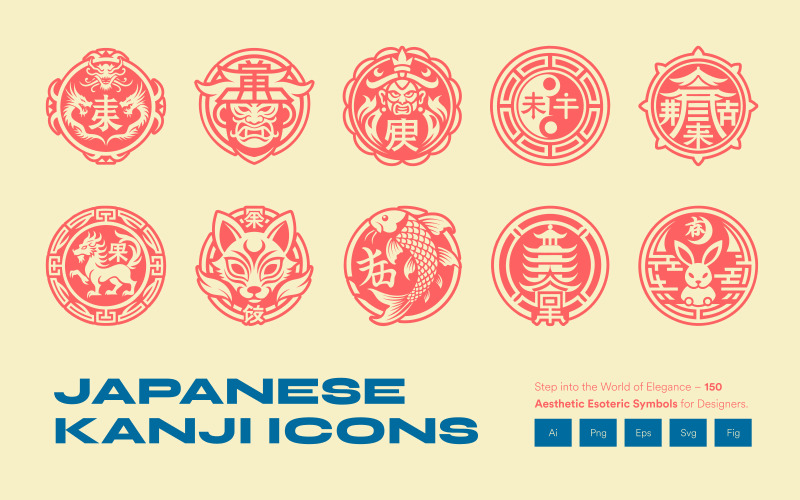 Modern Japanese Kanji Symbols Icon Set