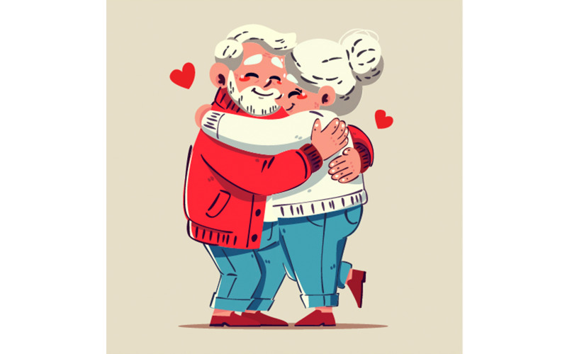 Valentine with Cute Cartoon Elderly Couple Embracing Illustration
