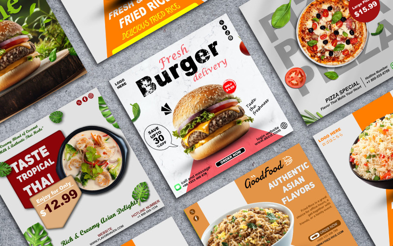 Delicious Food Post Design Templates for Restaurants & Cafés – Pack of 6 Social Media