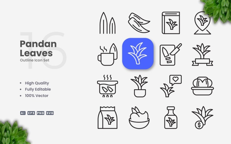 16 Pandan Leaves Outline Icon Set