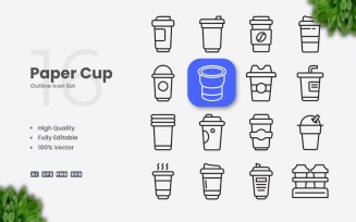 16 Paper Cup Outline Icon Set