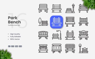 16 Park Bench Outline Icon Set