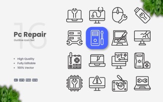 16 PC Repair Outline Icon Set