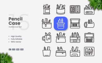 16 Pencil Case Outline Icon Set