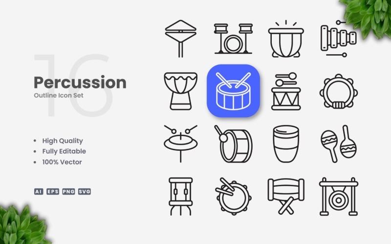 16 Percussion Outline Icon Set