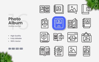 16 Photo Album Outline Icon Set