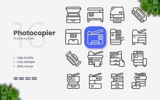 16 Photocopier Outline Icon Set