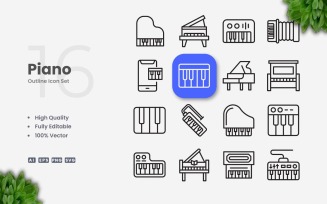 16 Piano Outline Icon Set