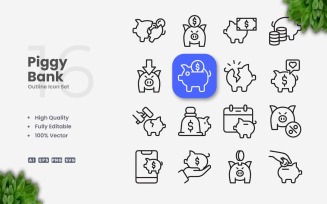 16 Piggy Bank Outline Icon Set