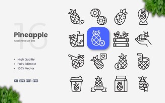 16 Pineapple Outline Icon Set