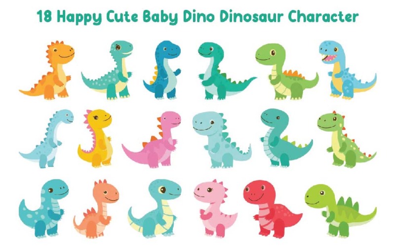 18 Happy Cute Baby Dino Dinosaur Character Illustration