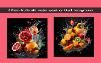 Fresh fruits with water splash on black background