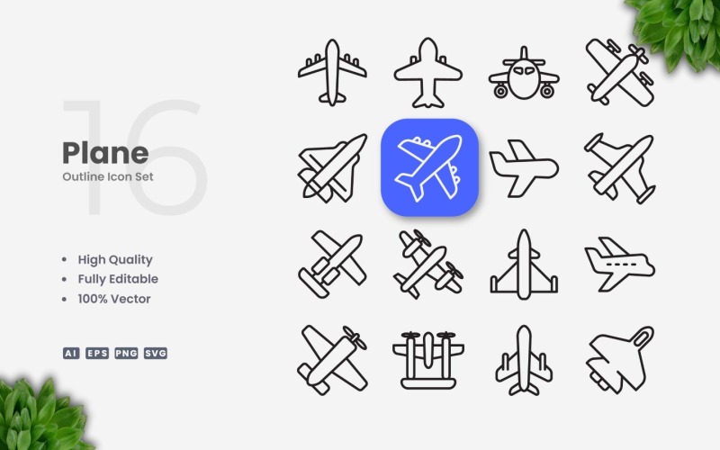 16 Plane Outline Icon Set