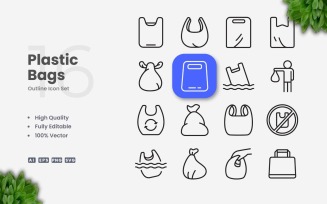 16 Plastic Bags Outline Icon Set