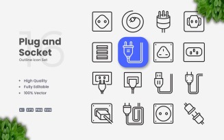 16 Plug and Socket Outline Icon Set