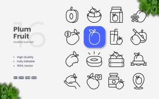 16 Plum Fruit Outline Icon Set