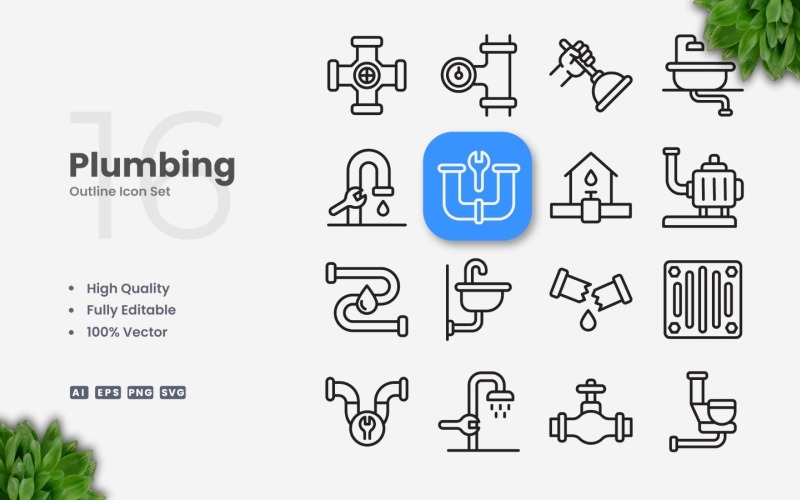 16 Plumbing Outline Icon Set