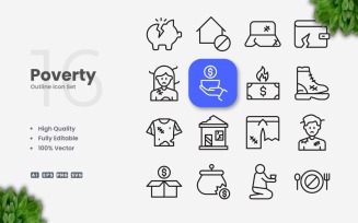 16 Poverty Outline Icon Set