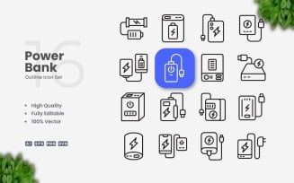 16 Power Bank Outline Icon Set