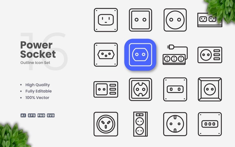 16 Power Socket Outline Icon Set
