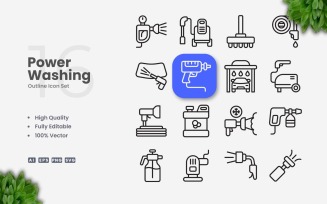 16 Power Washing Outline Icon Set