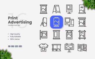 16 Print Advertising Outline Icon Set