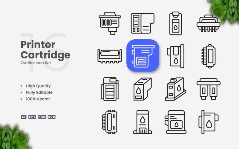 16 Printer Cartridge Outline Icon Set