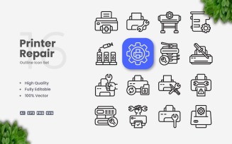 16 Printer Repair Outline Icon Set