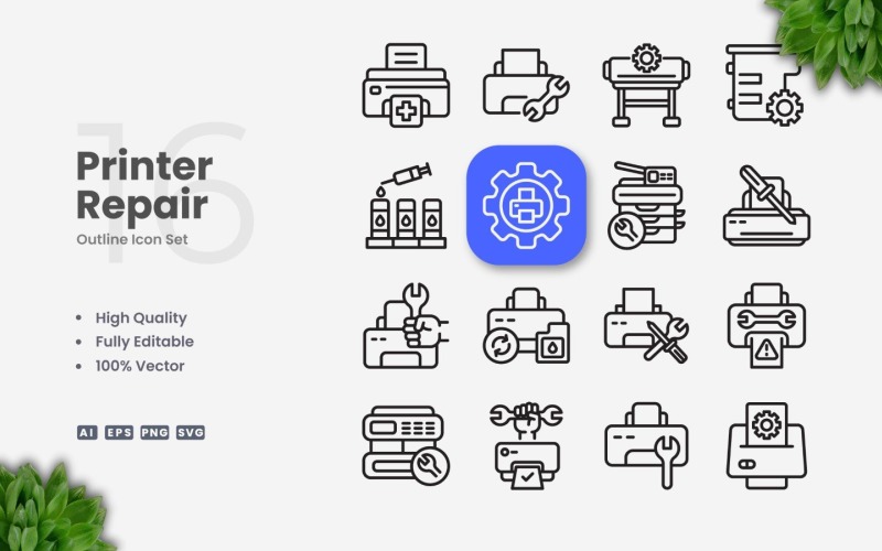 16 Printer Repair Outline Icon Set