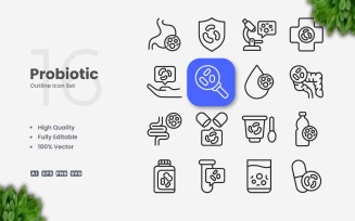 16 Probiotic Outline Icon Set